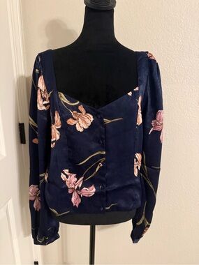 Lumiere Navy Floral Square-Neck Button Blouse